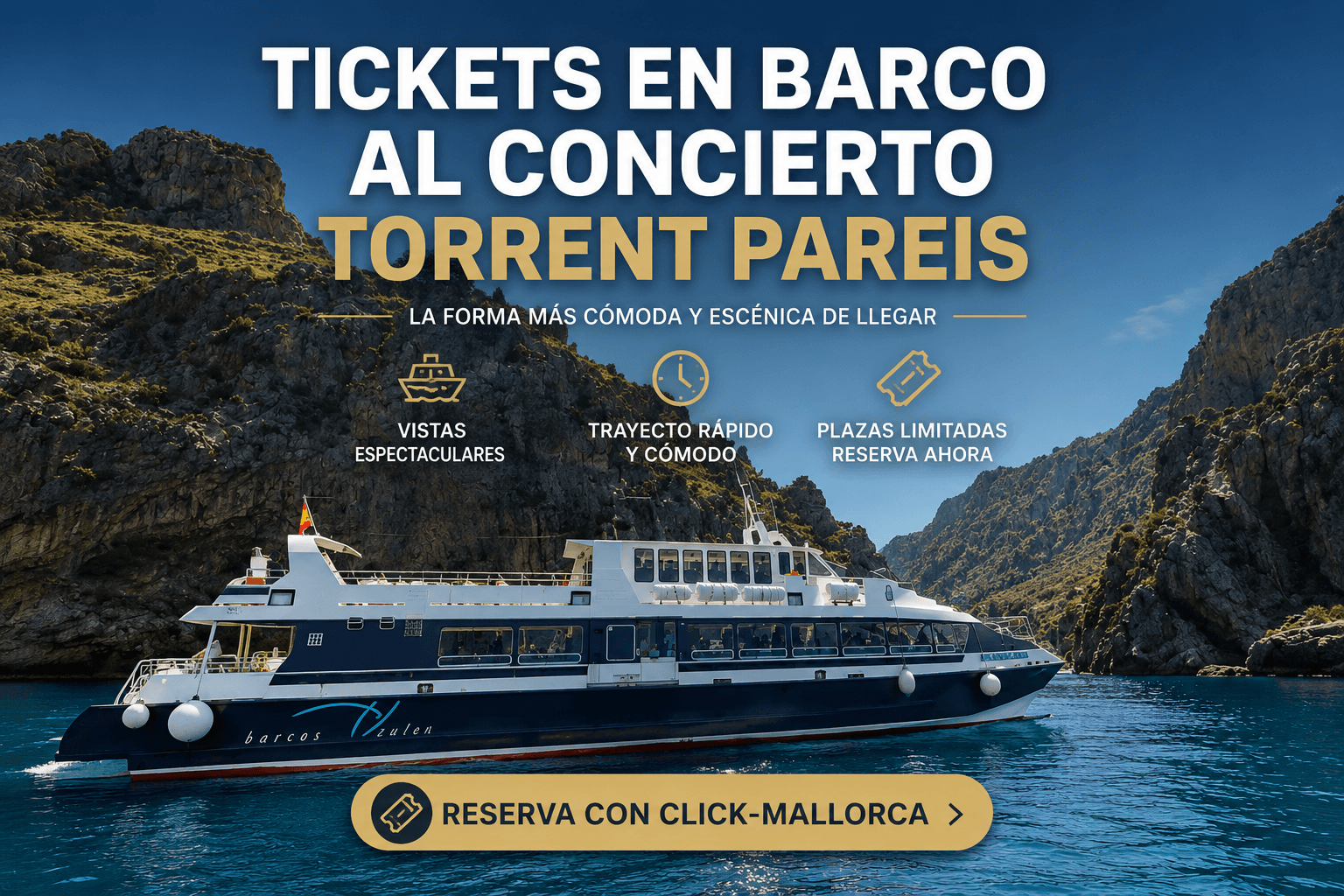 Barco hacia el Concierto en el Torrent de Pareis desde Puerto de Sóller en Mallorca.