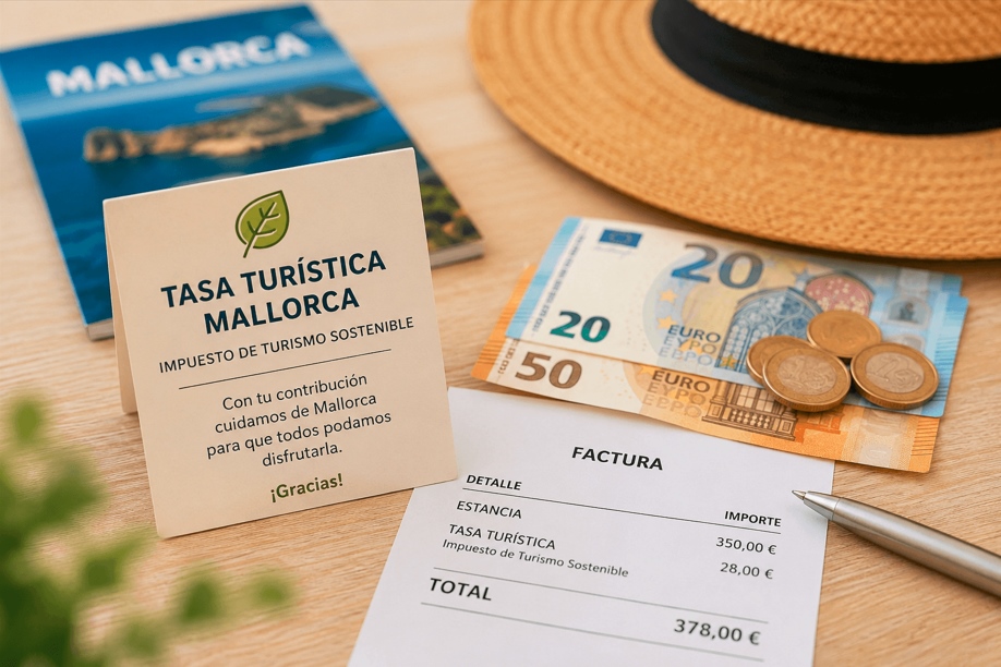 Documento informativo sobre la ecotasa en Mallorca junto a una factura de alojamiento, euros y elementos de viaje, representando el impuesto turístico sostenible de las Islas Baleares.