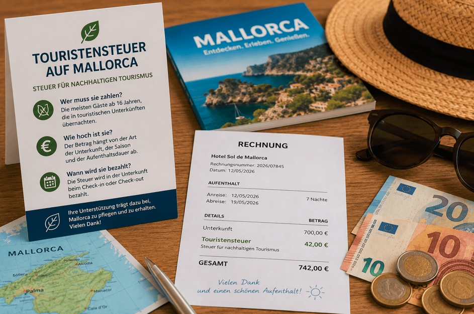 Informationskarte zur Touristensteuer auf Mallorca neben einer Hotelrechnung, Euro-Banknoten, einer Mallorca-Karte und Reiseutensilien. Symbolbild zur Touristensteuer und den Unterkunftskosten auf den Balearen.