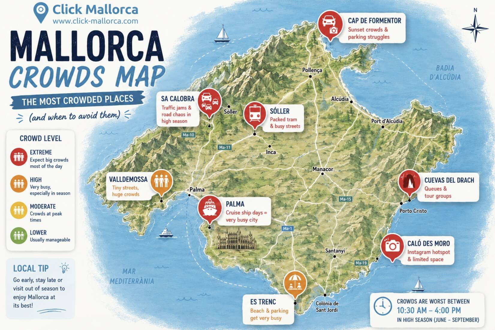 Mallorca crowds map created by Click Mallorca showing the most crowded tourist places in Mallorca including Sóller, Sa Calobra, Palma, Formentor and Cuevas del Drach.