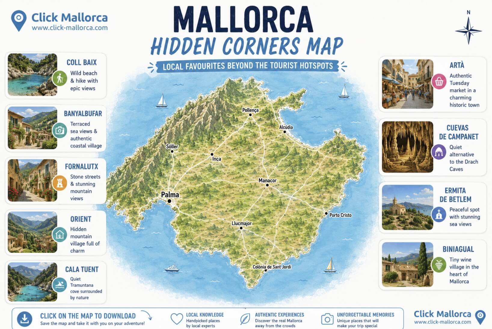 Mallorca hidden corners map created by Click Mallorca showing authentic places, hidden beaches, mountain villages and local favourites around Mallorca including Fornalutx, Orient, Coll Baix and Cala Tuent.