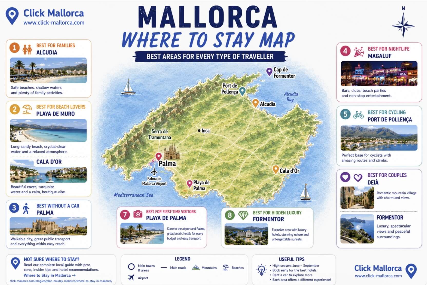 Mallorca where to stay map created by Click Mallorca showing the best areas to stay in Mallorca for families, beaches, nightlife, cycling, couples and first-time visitors including Alcudia, Palma, Deià and Port de Pollença.