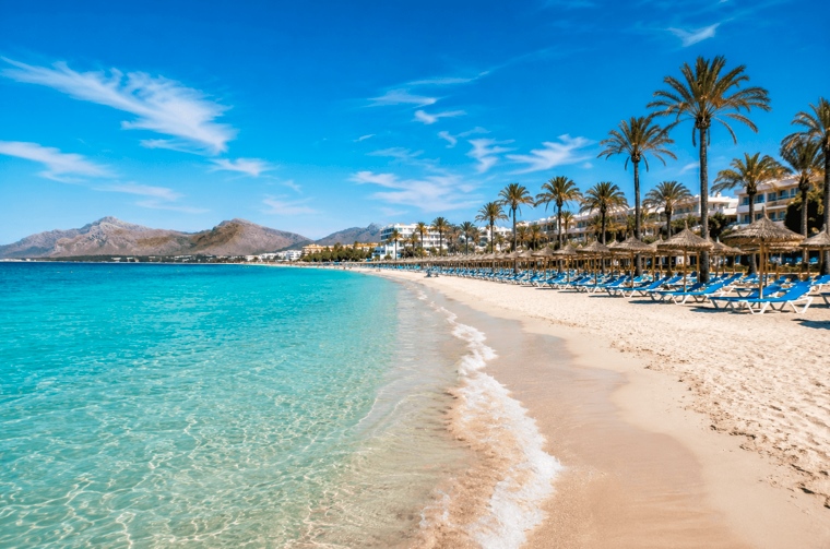 Playa de arena blanca y aguas cristalinas en Mallorca, ideal para unas vacaciones en la isla de Mallorca.