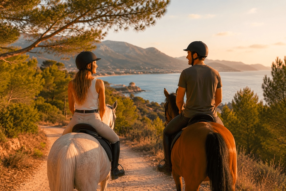 Pareja disfrutando de una ruta a caballo con vistas a la costa de Mallorca al atardecer.