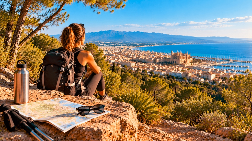 Senderista descansando en un mirador con vistas a Palma de Mallorca, junto a un mapa, agua y bastones de senderismo.