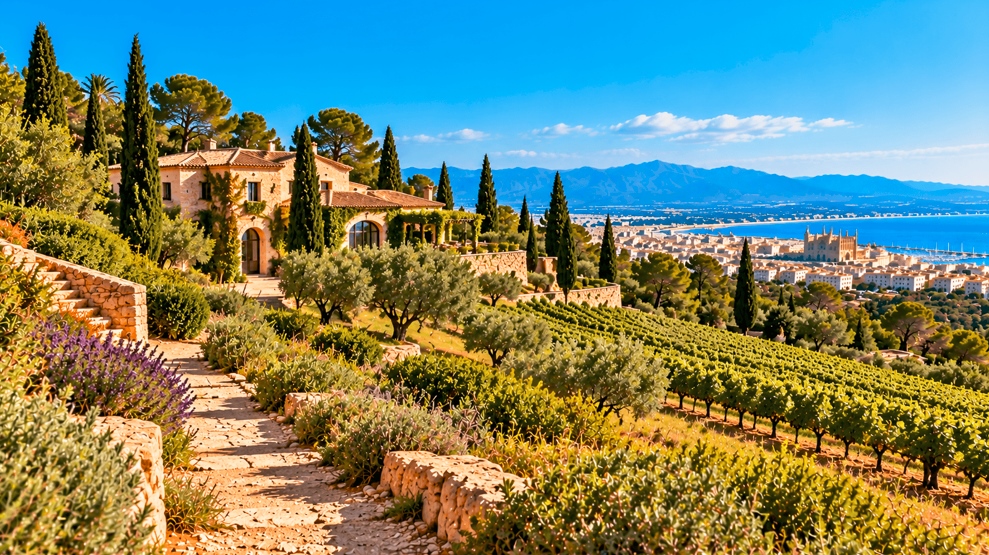 Ilustración de un paisaje rural mediterráneo con caminos de piedra, olivos y una finca tradicional cerca de Palma de Mallorca.