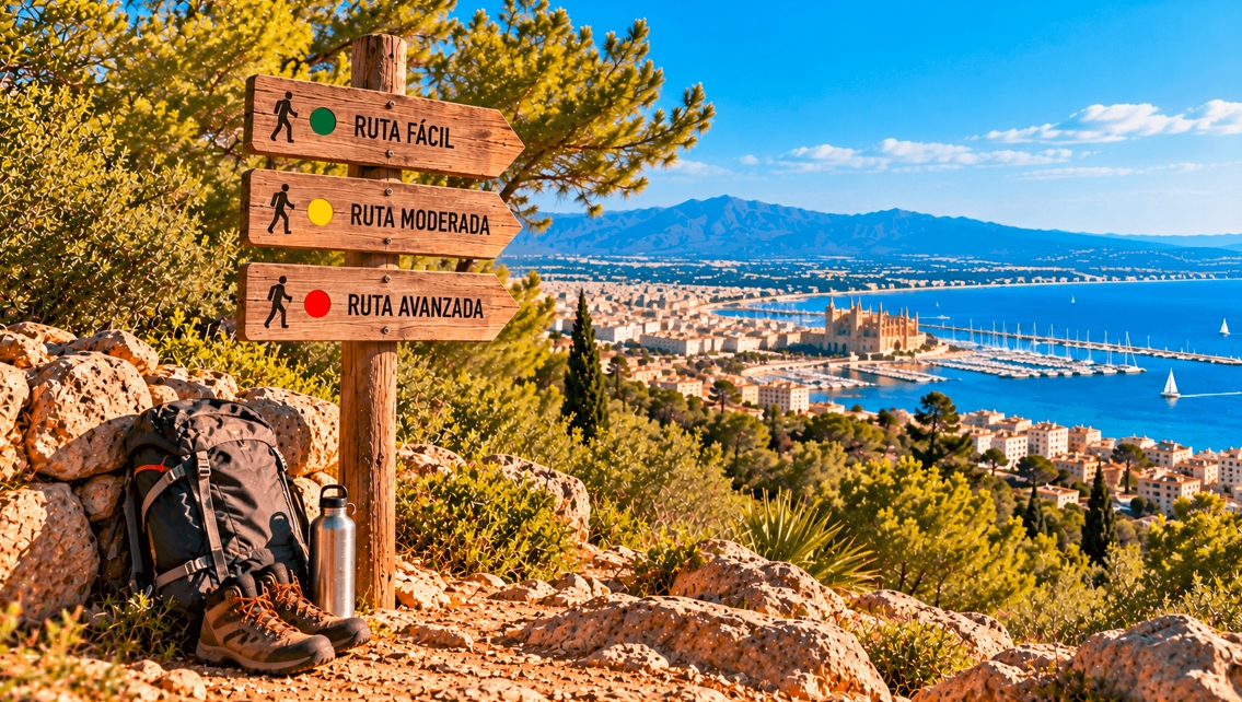 Señales de madera con tres niveles de senderismo: fácil, moderado y avanzado, con vistas a la bahía de Palma de Mallorca.
