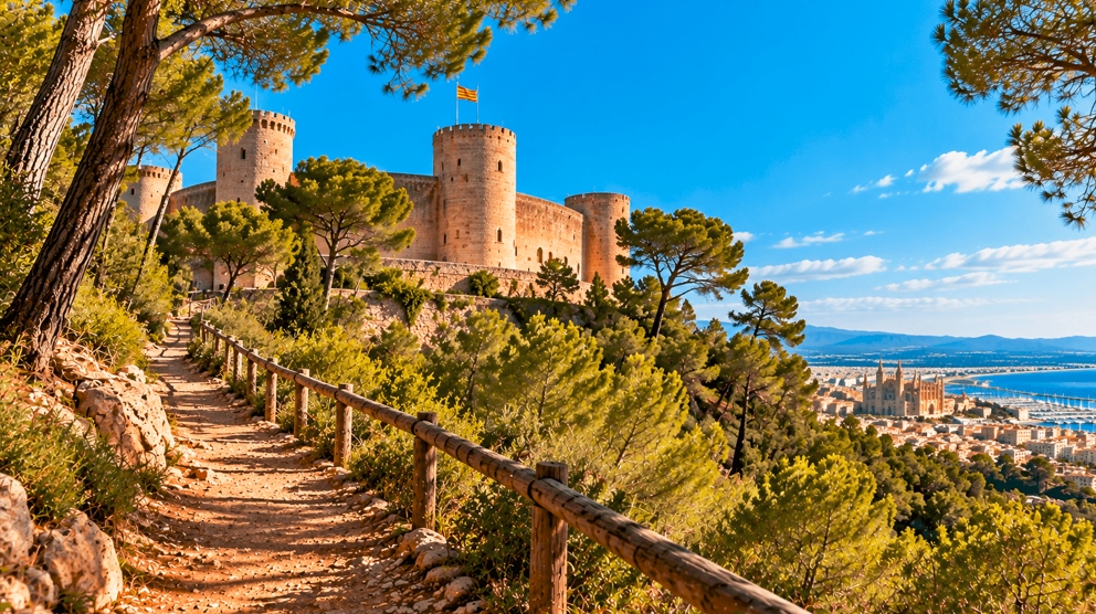 Sendero entre pinos que conduce al Castillo de Bellver, con vistas a Palma de Mallorca y su bahía.