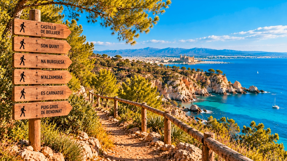 Ilustración de un sendero mediterráneo con señales de madera que indican seis rutas de senderismo en Palma y alrededores.